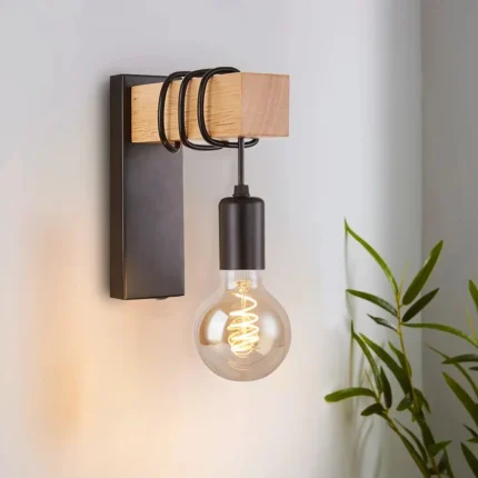 Retro Wood LED Wall Lamp – Industrial Night Light for Bedroom & Bathroom