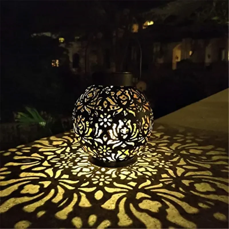 Solar LED Garden Light – Hollow Iron Art Hanging Lamp, Waterproof